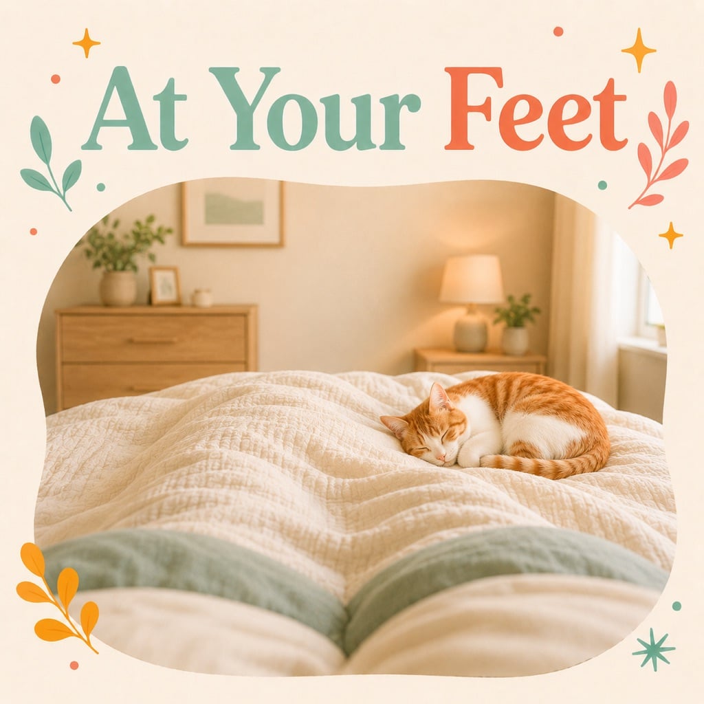 Orange and white cat curled up at the foot of a bed in a cozy bedroom