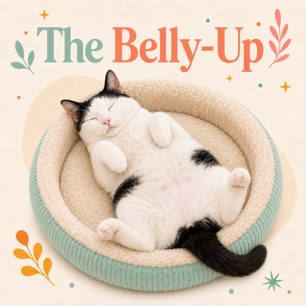 Black and white cat sleeping belly-up with paws in the air in a cat bed