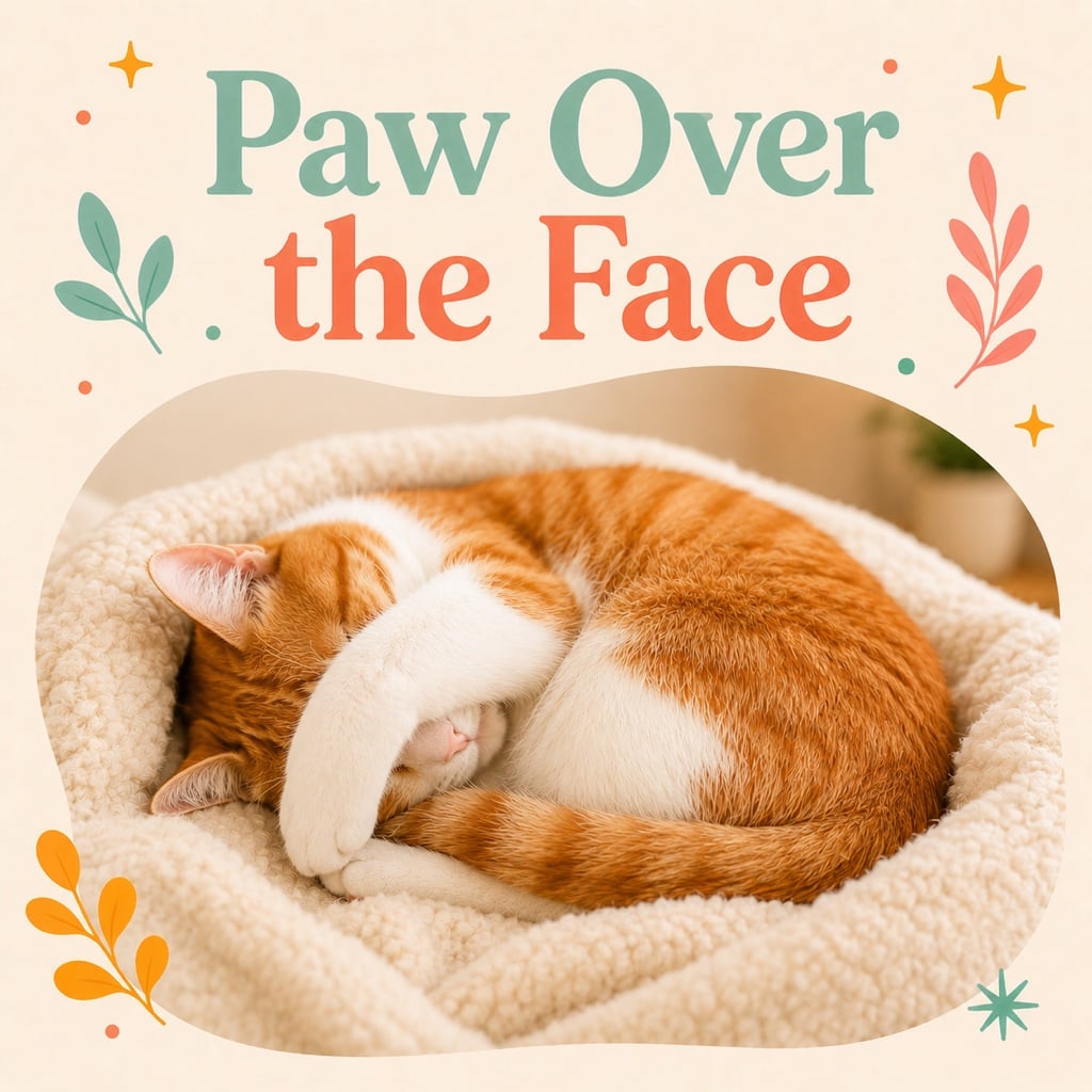 Orange and white cat sleeping curled up with a paw over its face in a fuzzy bed