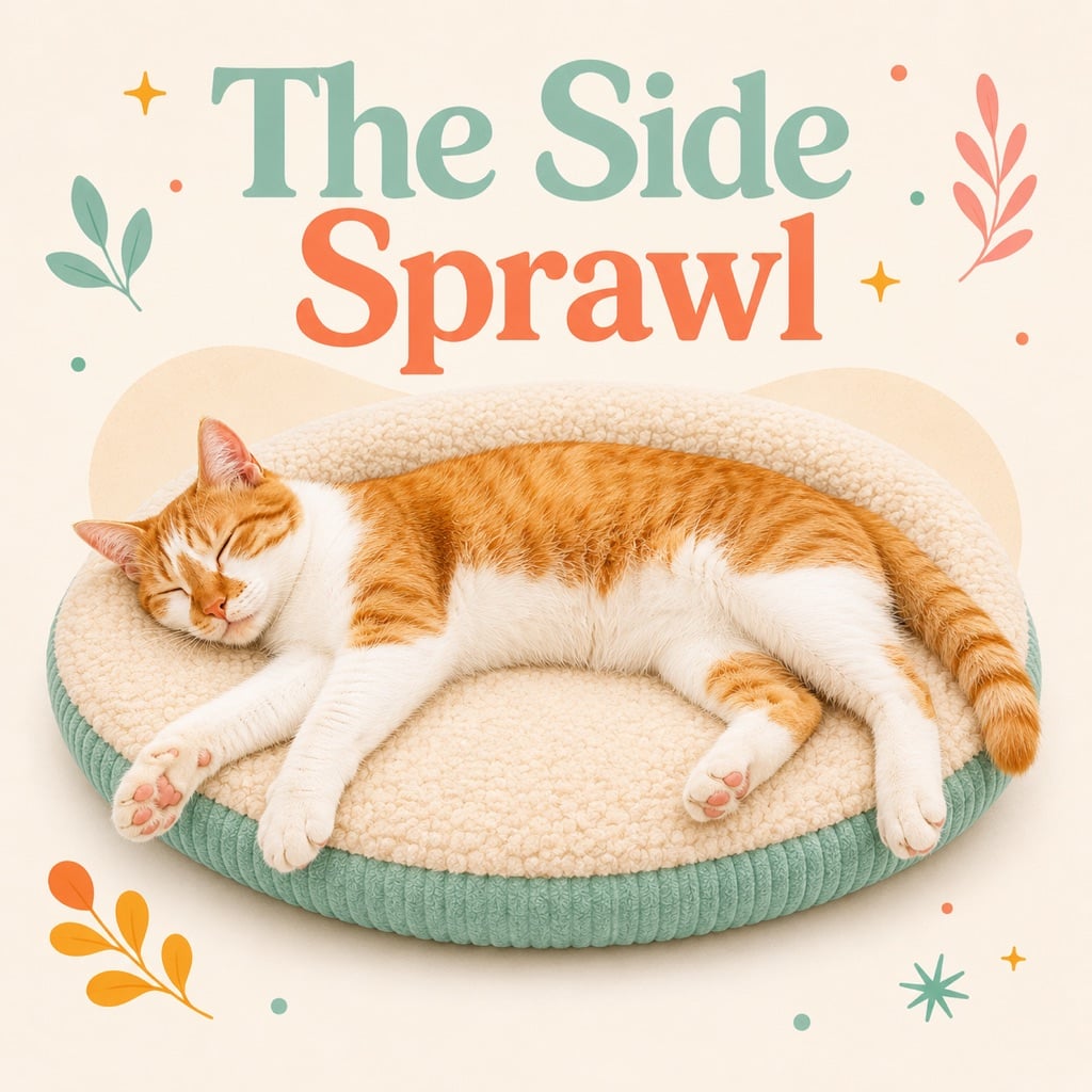 Orange and white cat sleeping sprawled on its side in a cat bed