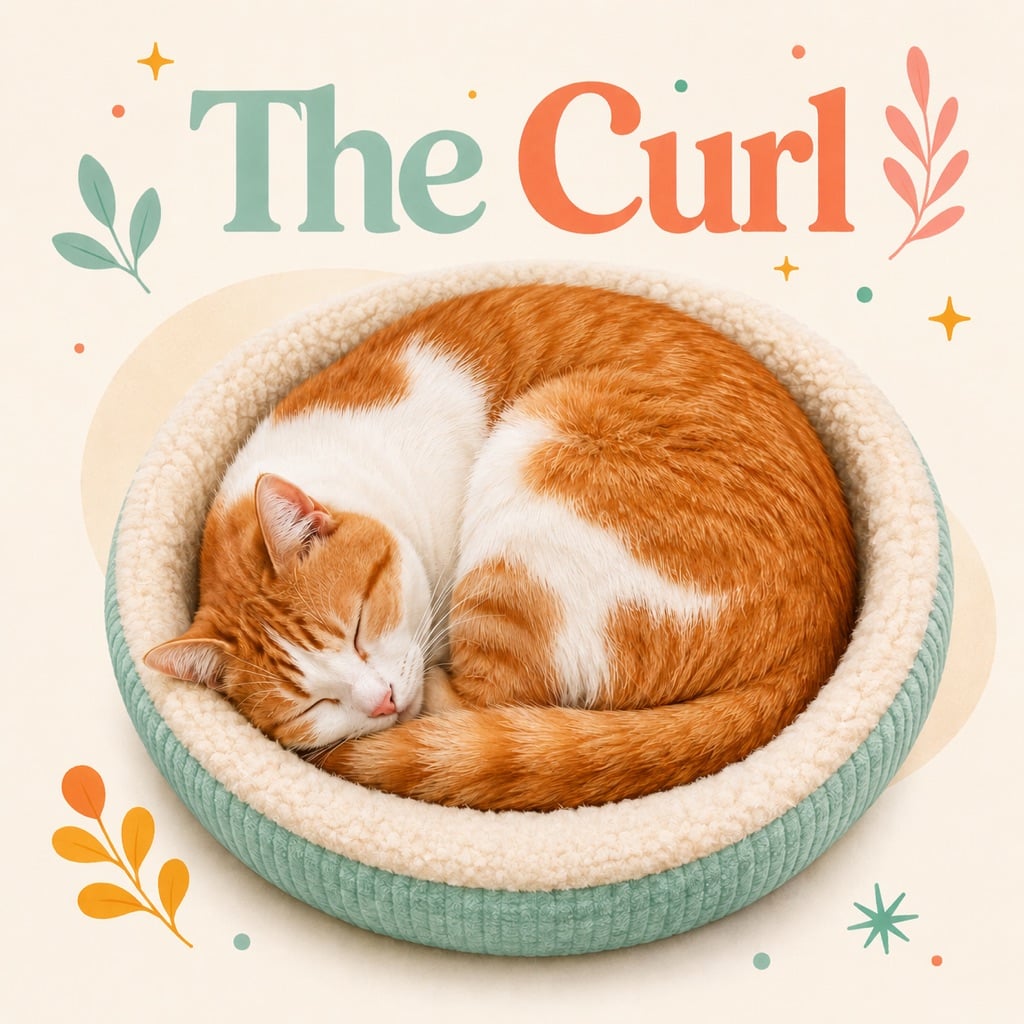Orange and white cat curled up asleep in a green cat bed, the curl sleeping position