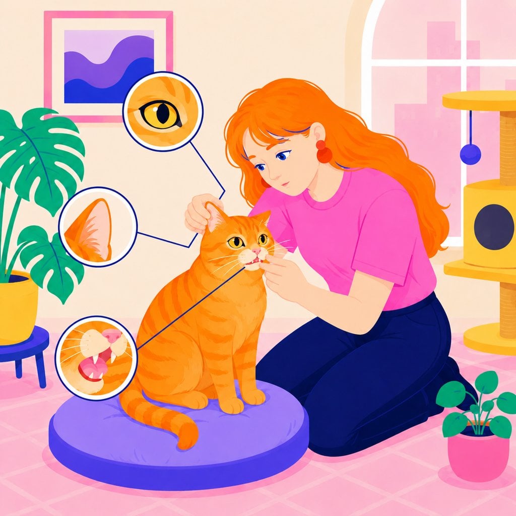 Illustration of an owner checking an orange cat's face, with eye, ear, and tooth icons