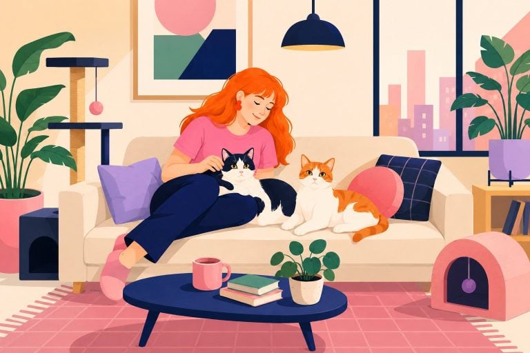 Illustration of a woman relaxing on a couch with her two cats in a cozy living room