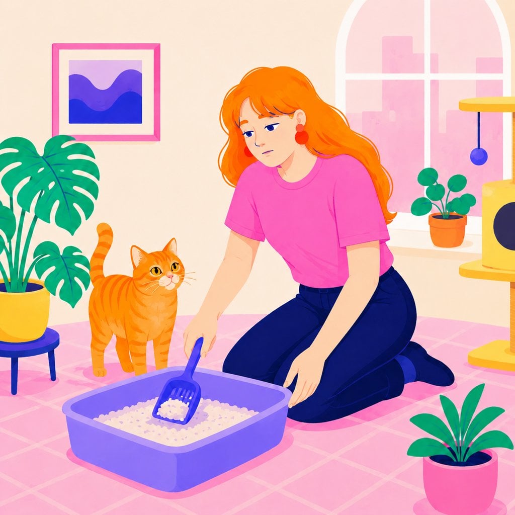 Illustration of an owner scooping a litter box while an orange cat watches