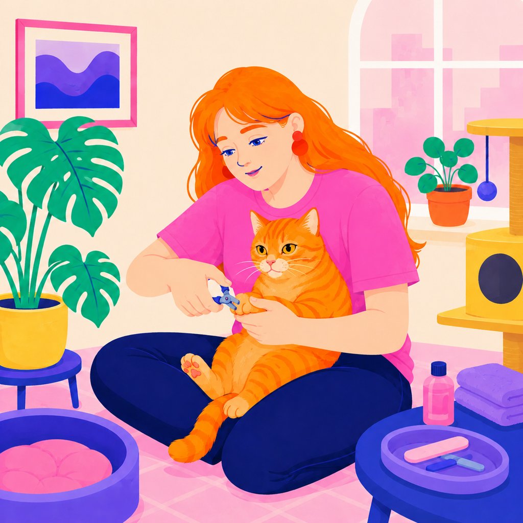 Illustration of an owner trimming an orange cat's nails in their lap