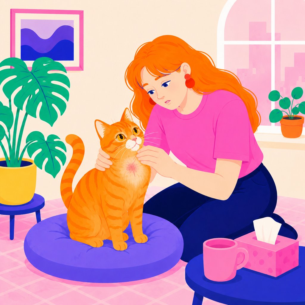 Illustration of an owner checking an irritated red spot on an orange cat's shoulder