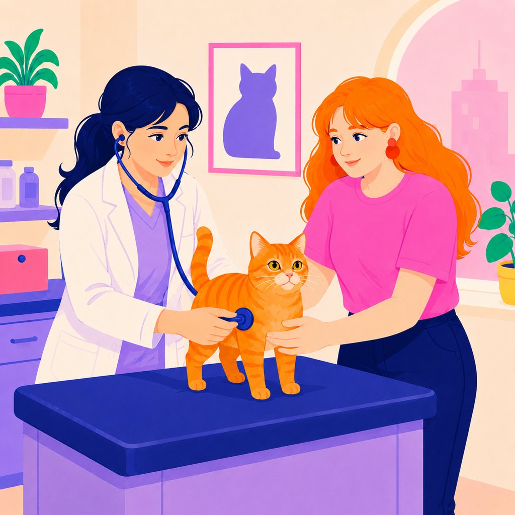 Illustration of a dark-haired veterinarian examining an orange cat with a stethoscope while the owner holds it