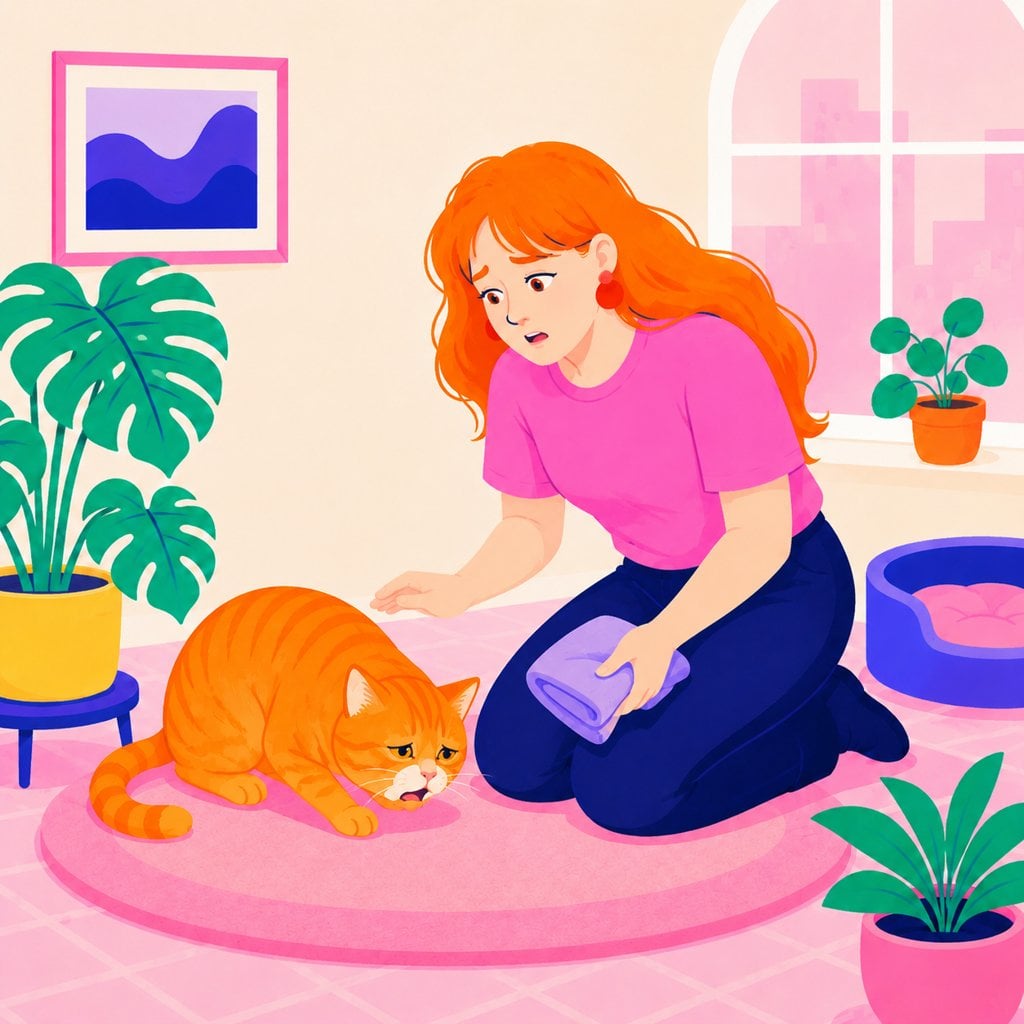 Illustration of an orange cat about to be sick while a worried owner reaches over with a cloth