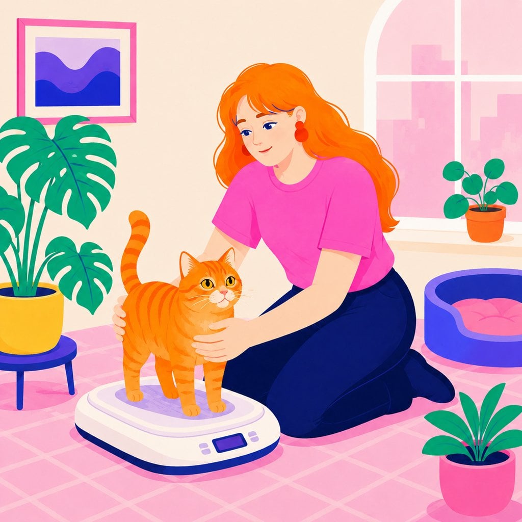 Illustration of an owner weighing an orange cat on a scale at home