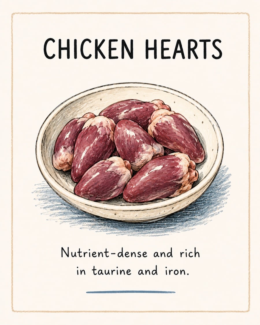Illustration of a dish of chicken hearts, a nutrient-dense organ meat rich in taurine and iron