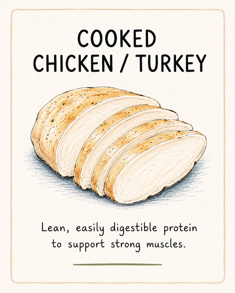 Illustration of sliced cooked chicken or turkey, a lean and digestible protein topper for cats
