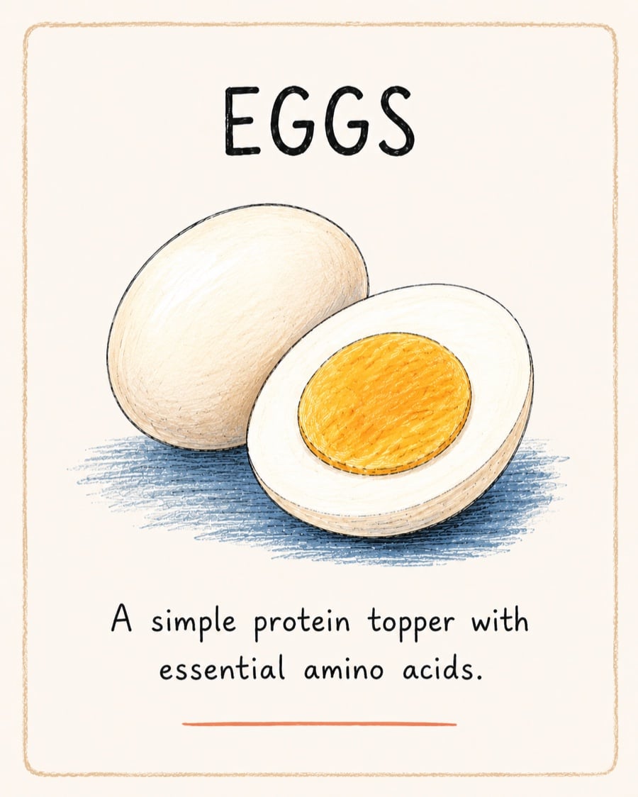 Illustration of a cooked egg, a simple protein topper with essential amino acids for cats