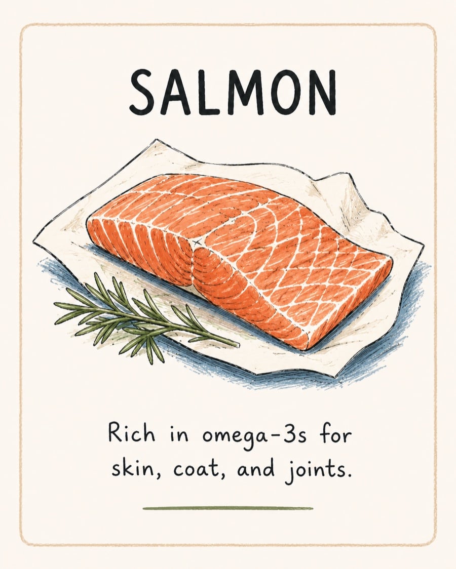 Illustration of a salmon fillet, a topper rich in omega-3s for a cat's skin, coat, and joints