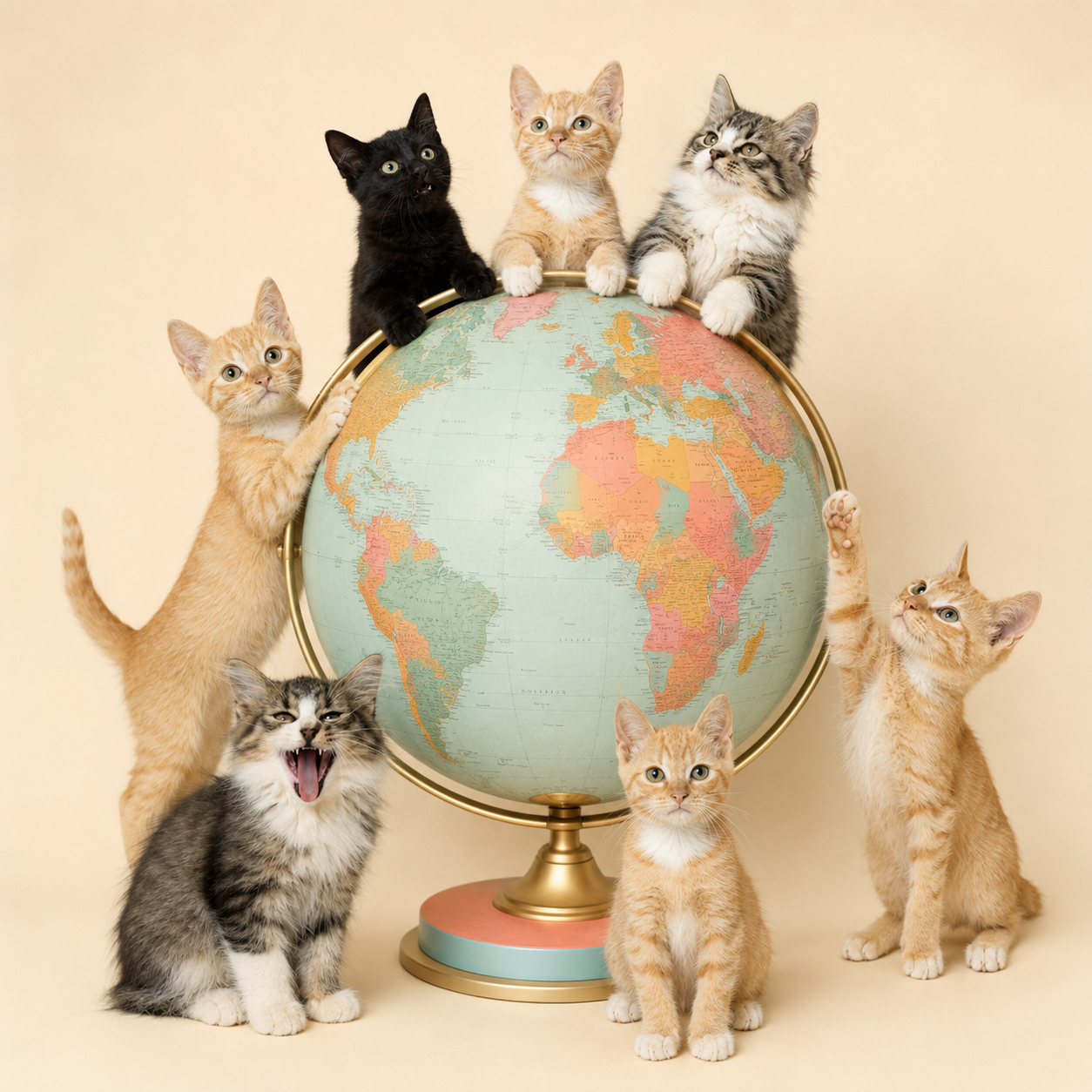 Seven kittens gathered around a vintage world globe