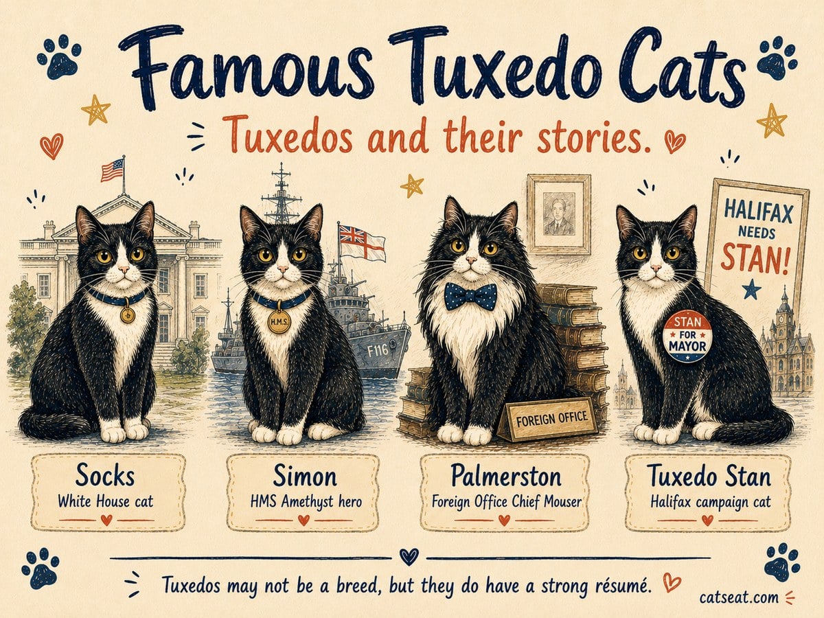 Cat Seat illustrated graphic of four famous tuxedo cats: <a href=