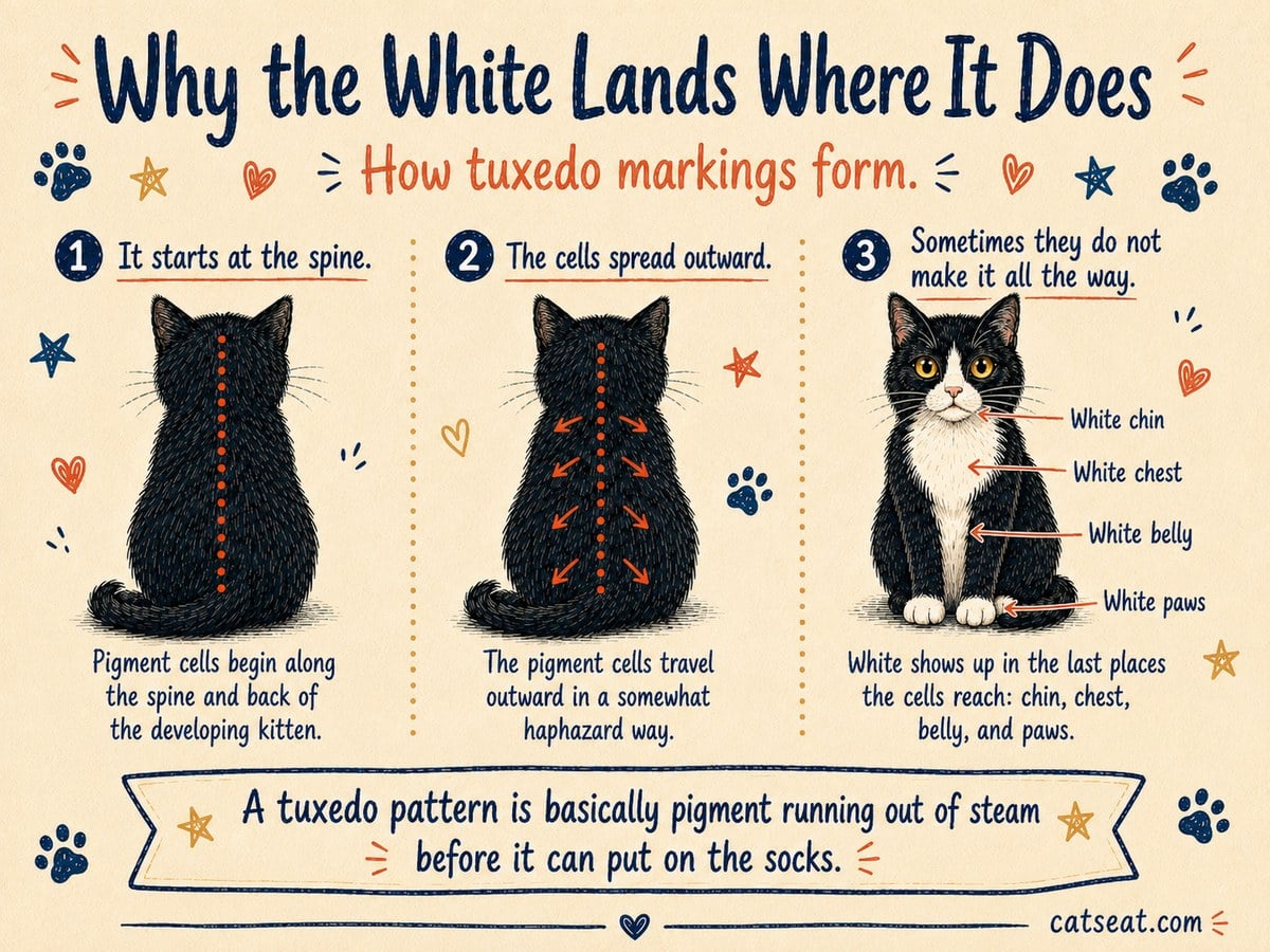 Cat Seat diagram showing how tuxedo markings form as pigment cells spread from the spine outward, leaving white on the chin, chest, belly and paws