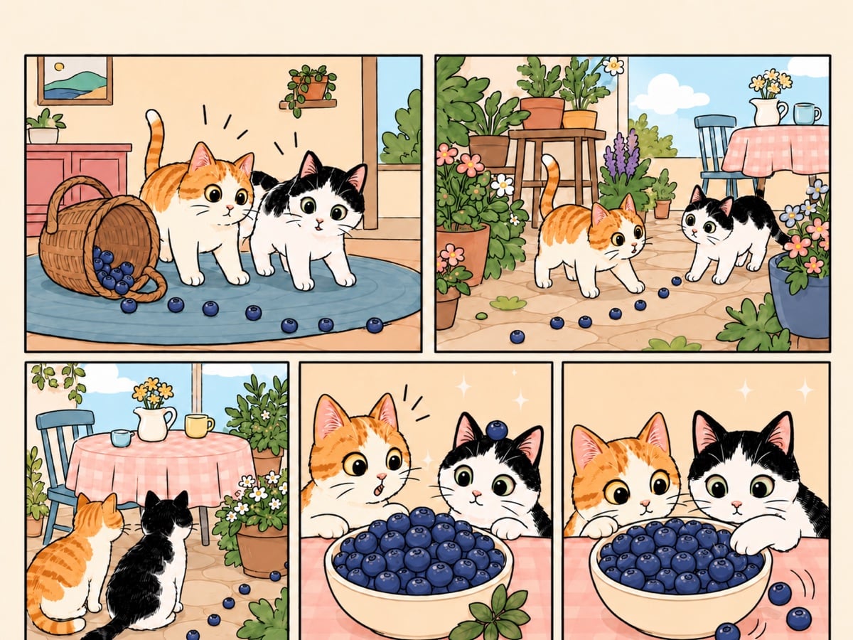 Comic of Thelma and Louis batting spilled blueberries around before trying the bowl