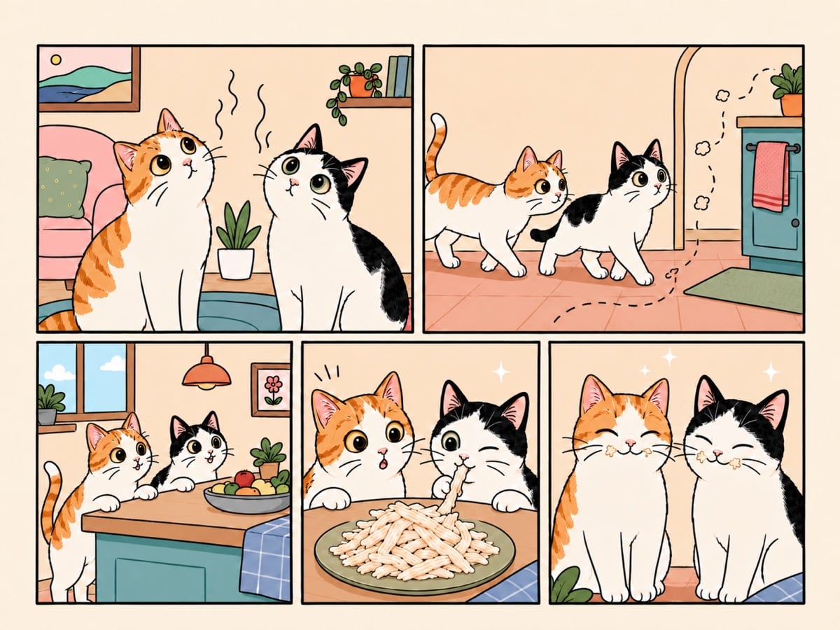 Comic of Thelma and Louis sniffing out a plate of plain shredded chicken in the kitchen
