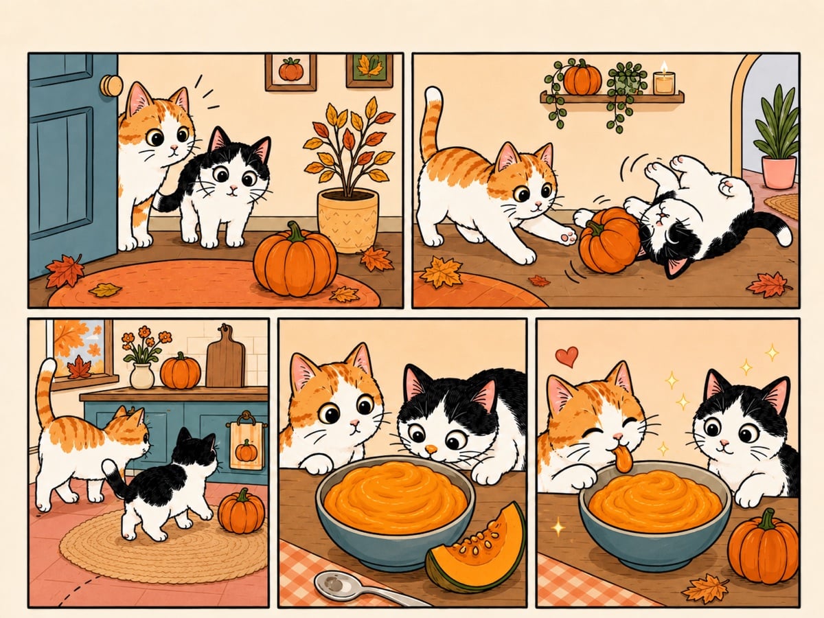 Comic of Thelma and Louis playing with a small pumpkin, then trying a bowl of pumpkin puree