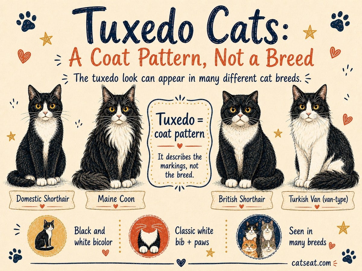 Cat Seat illustrated graphic explaining that tuxedo is a coat pattern, not a breed, shown across domestic shorthair, Maine Coon, British Shorthair and Turkish Van cats