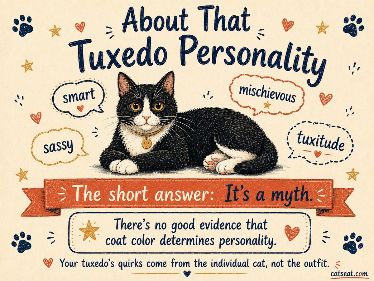 Cat Seat graphic titled About That Tuxedo Personality, explaining there is no good evidence that coat color determines a cat's personality