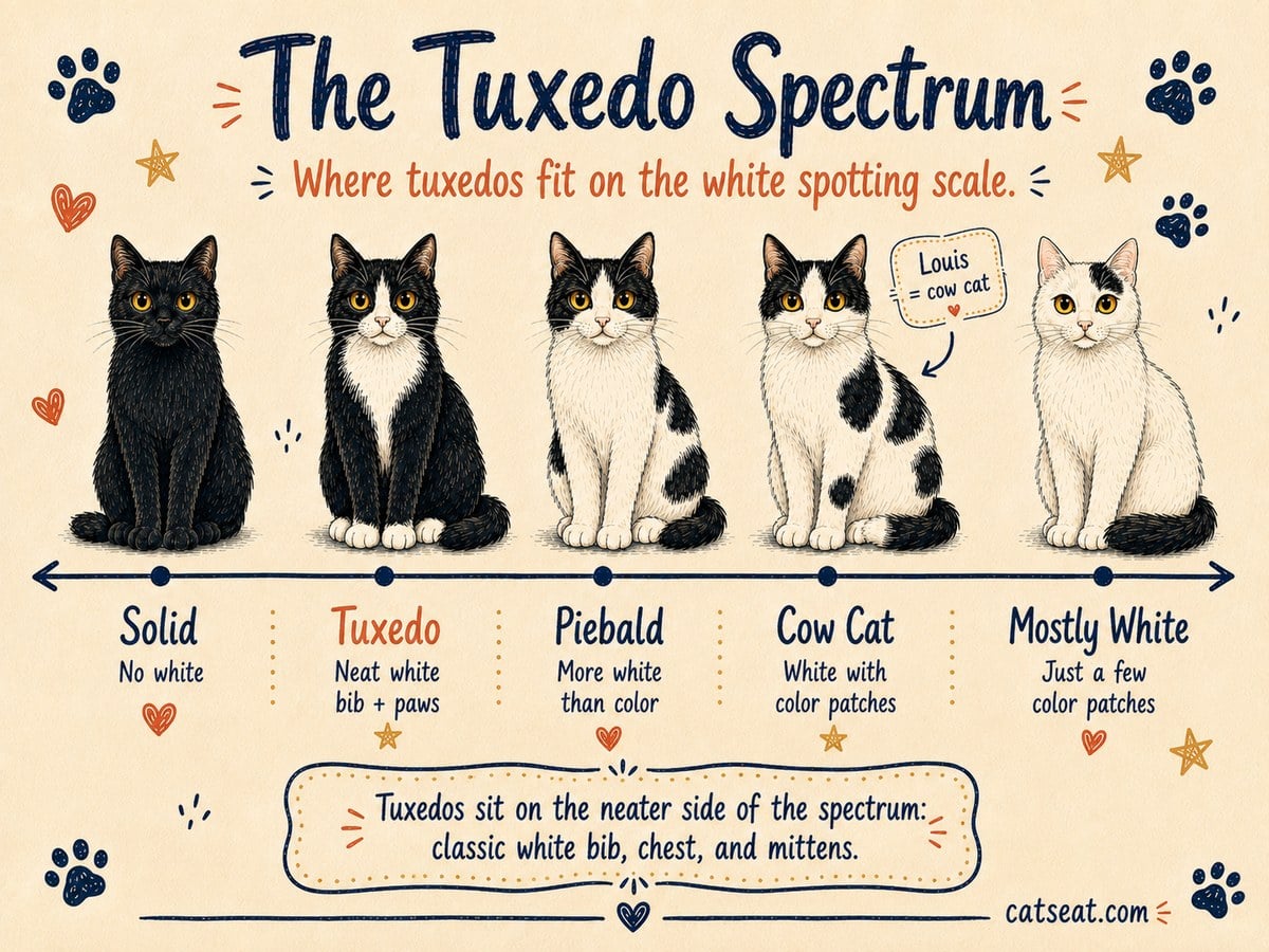 Cat Seat graphic, The Tuxedo Spectrum, showing the white-spotting scale from solid to mostly white, with the cow cat labeled as where Louis fits