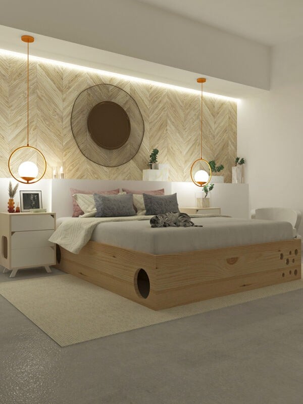 A wooden human bed frame with a hidden maze and circular cat entrances built into its base