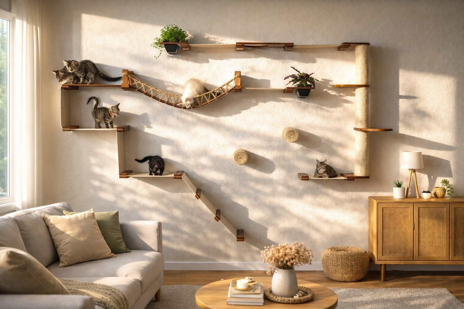Cats exploring a large wall playground with wooden shelves, a bridge, hammocks and a scratching pole