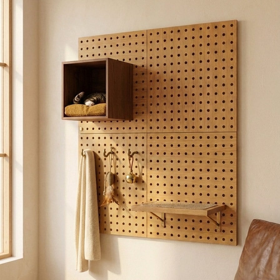 A modular wooden wall pegboard fitted with cat climbing posts, shelves and a hammock