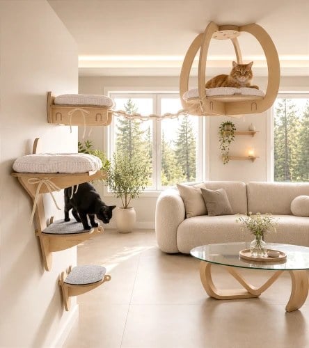 A cat wall and ceiling course with wooden steps, a bridge, climbing branch and suspended resting platform