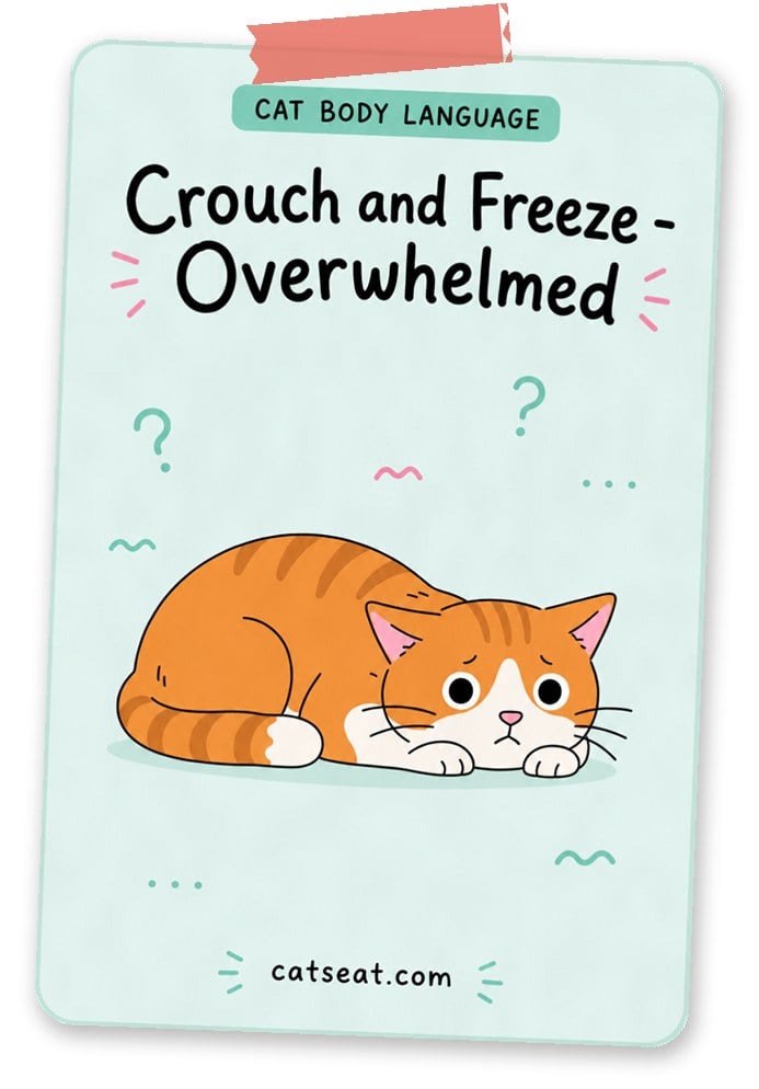 Cat body language: crouch and freeze means overwhelmed — illustration of an orange and white cat crouched flat