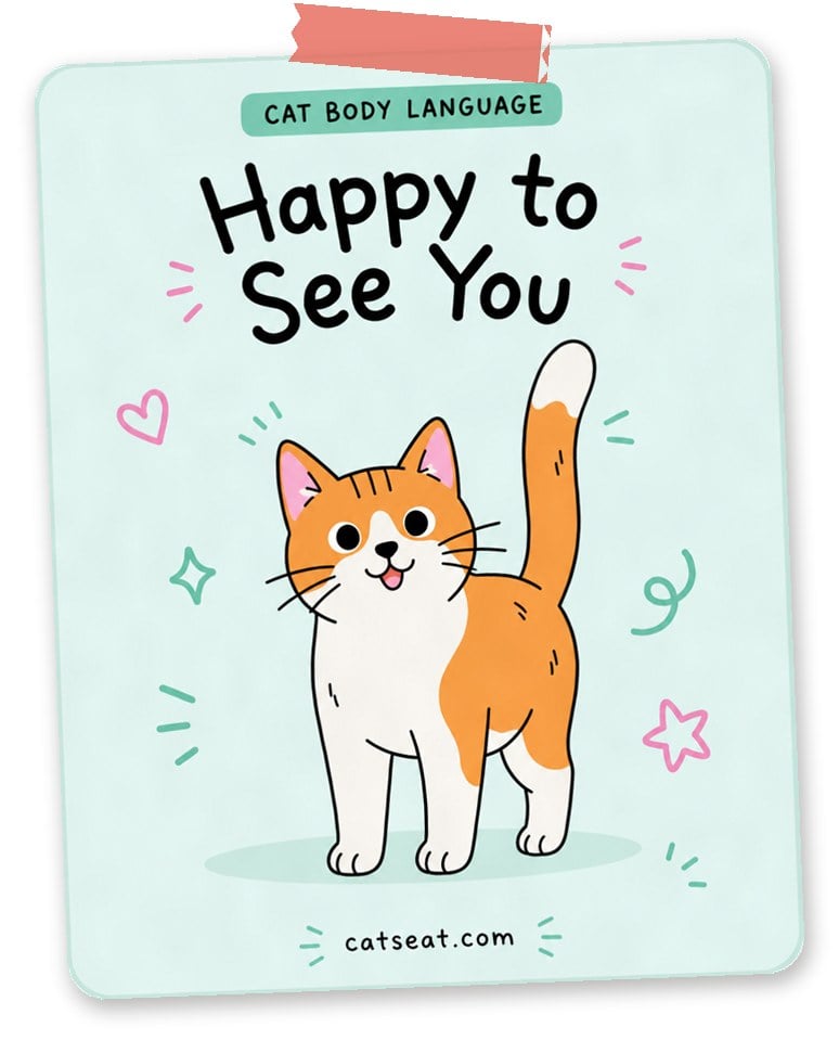 Cat body language: happy to see you — illustration of an orange and white cat with an upright quivering tail