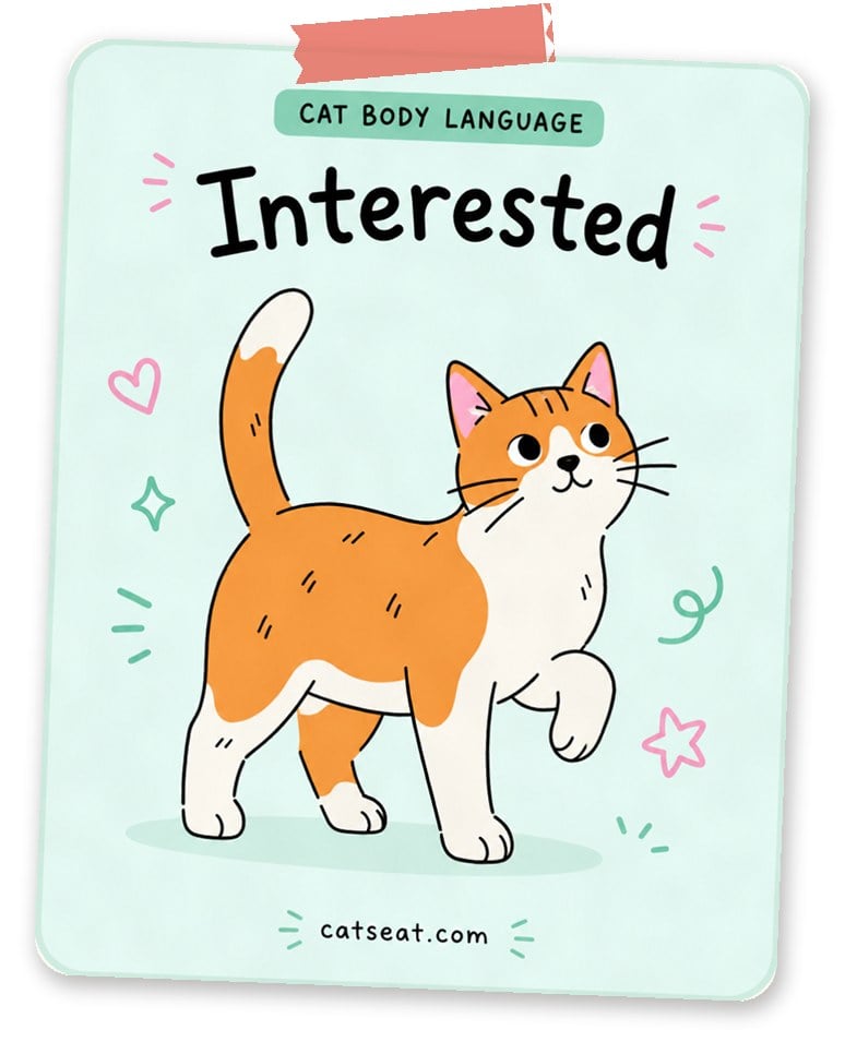 Cat body language: interested — illustration of an orange and white cat walking with its tail up
