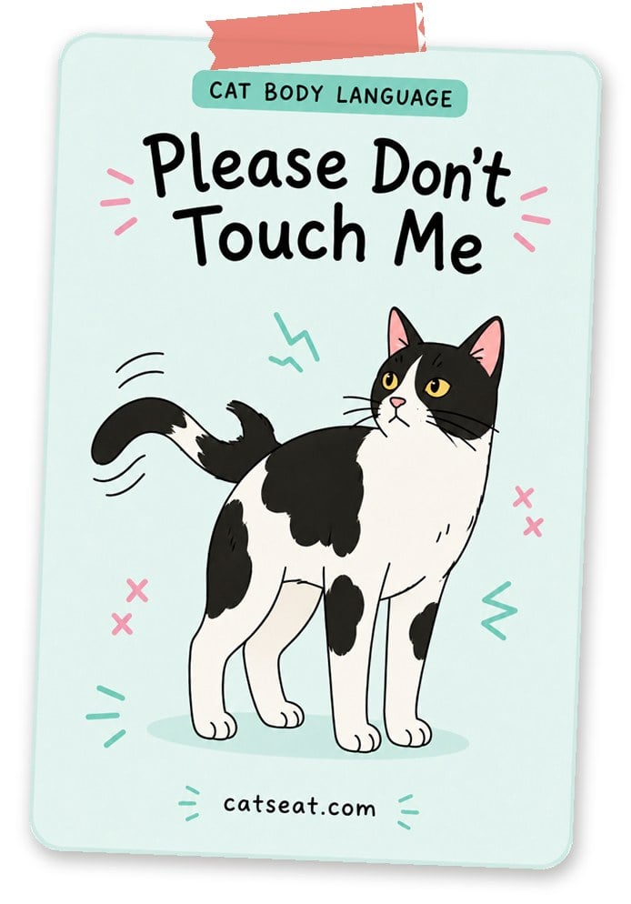 Cat body language: please don't touch me — illustration of a black and white cat with a flicking tail