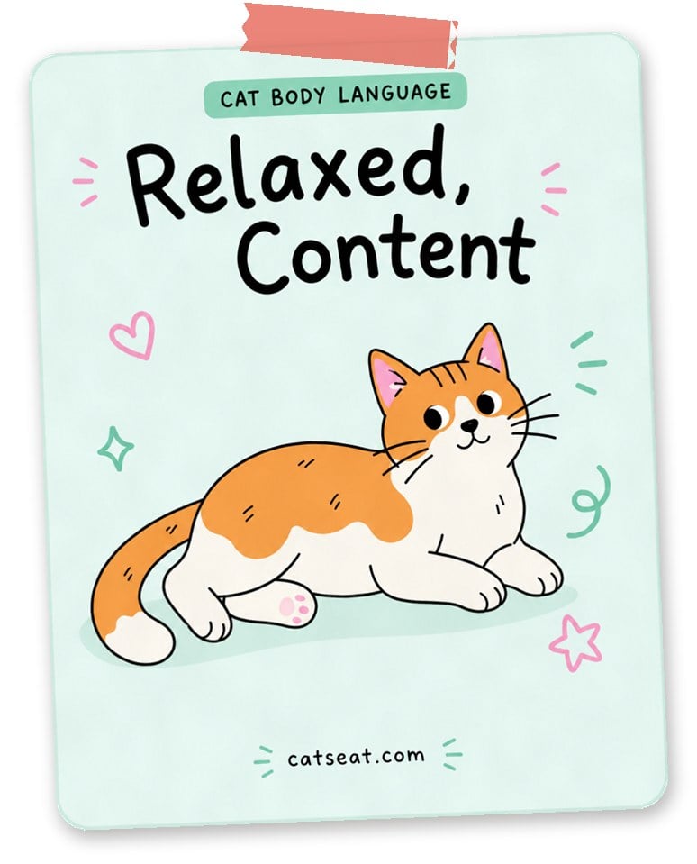 Cat body language: relaxed and content — illustration of an orange and white cat lying down loosely