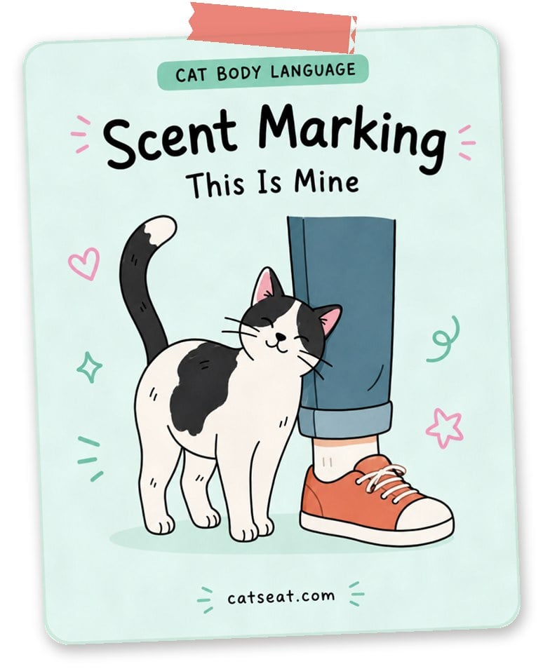 Cat body language: scent marking, this is mine — illustration of a black and white cat rubbing against a person's leg