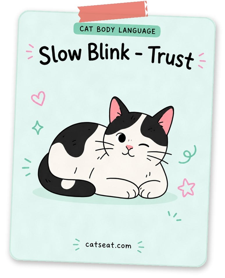 Cat body language: slow blink means trust — illustration of a black and white cat winking