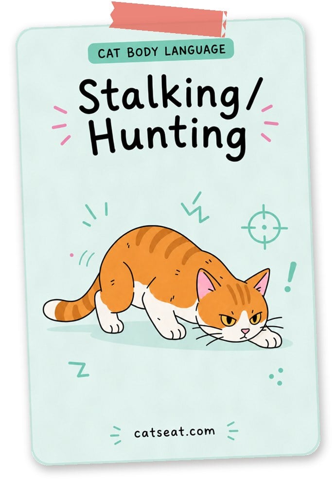 Cat body language: stalking and hunting — illustration of an orange and white cat creeping low