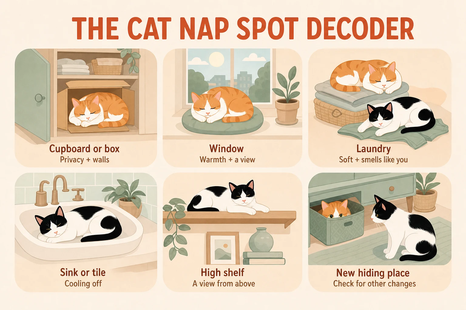 Illustrated guide to why cats choose cupboards, windows, laundry, tile, shelves and new hiding places