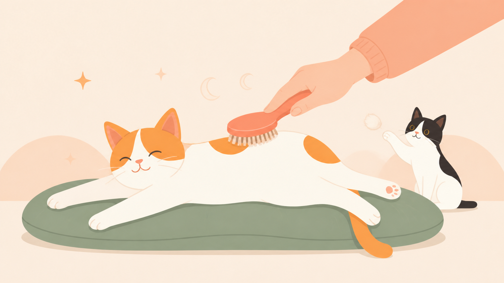 Illustration of Thelma being brushed while Louis bats at a floating tuft of fur