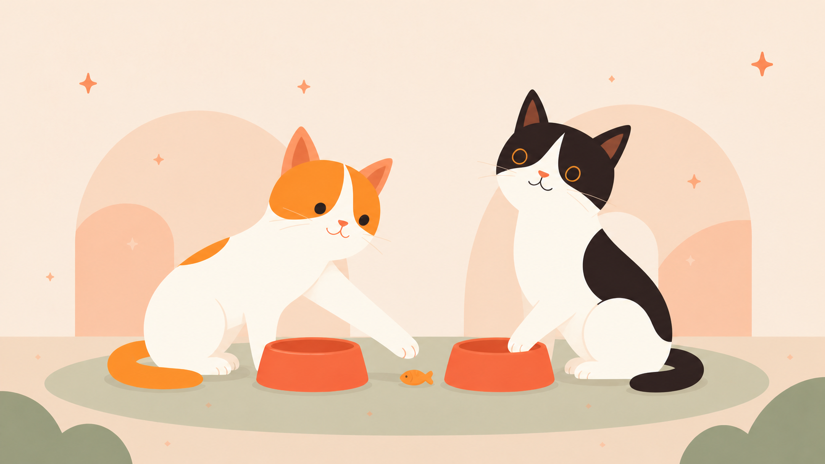 Illustration of Thelma and Louis reaching toward bowls with a small fish treat between them