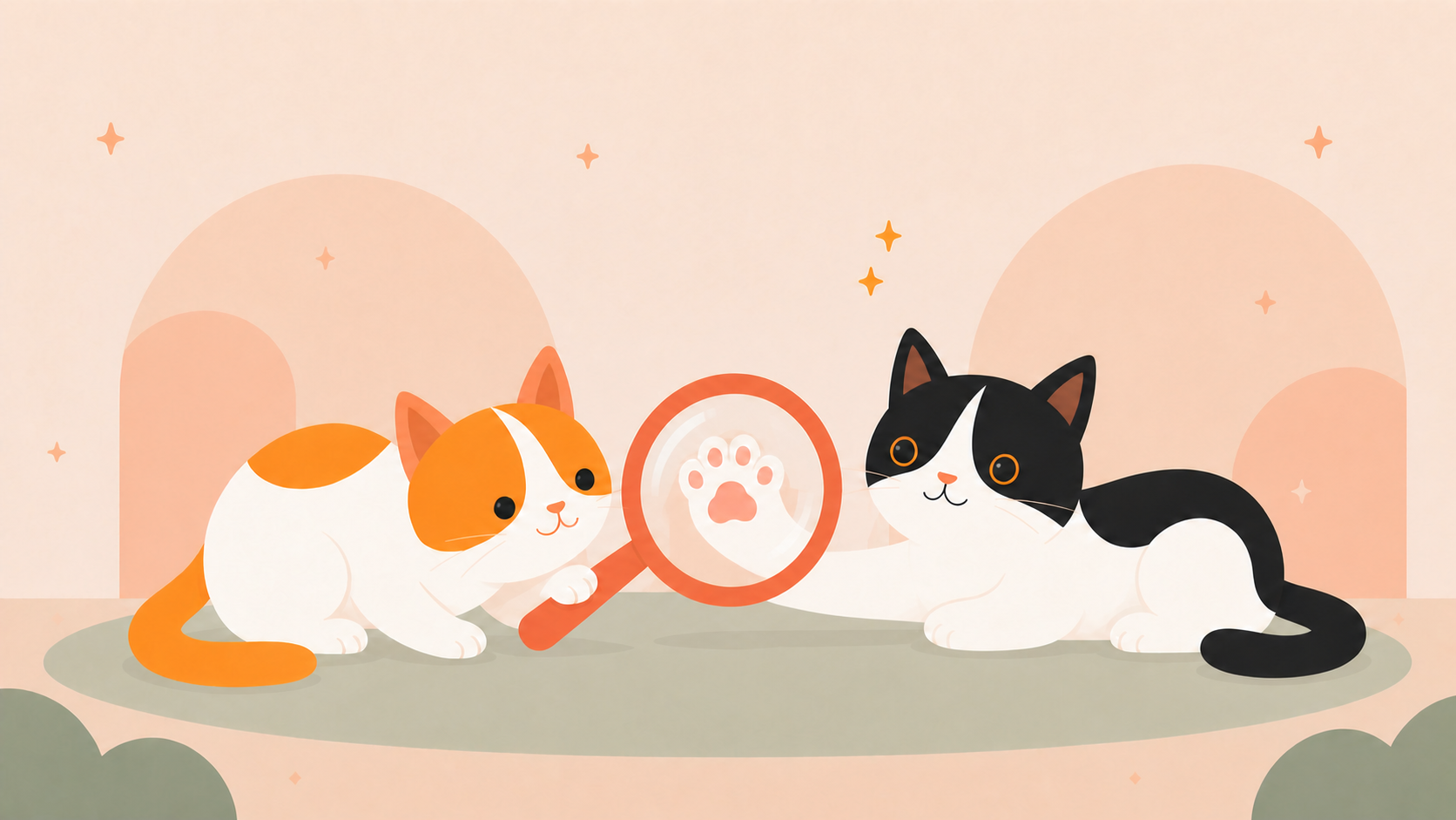 Illustration of Thelma using a magnifying glass to inspect Louis's outstretched paw