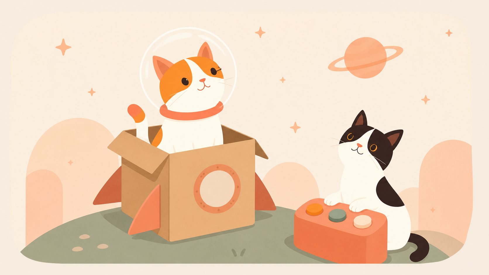 Illustration of Thelma in a cardboard-box rocket while Louis sits at mission control