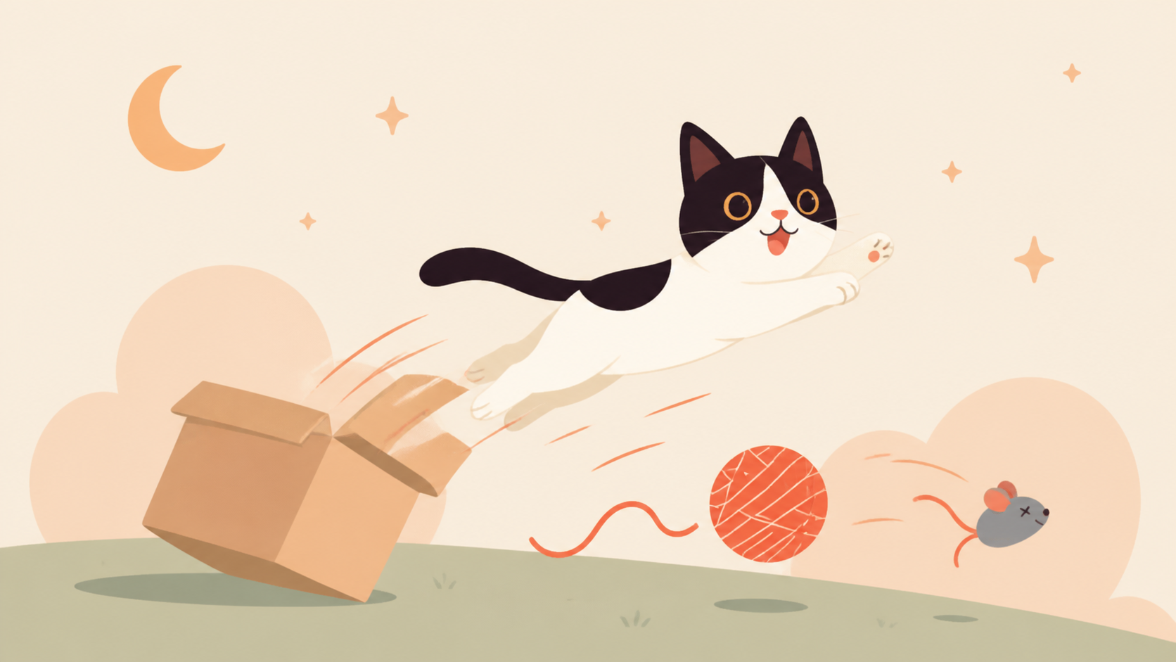 Illustration of Louis bursting from a cardboard box during midnight zoomies
