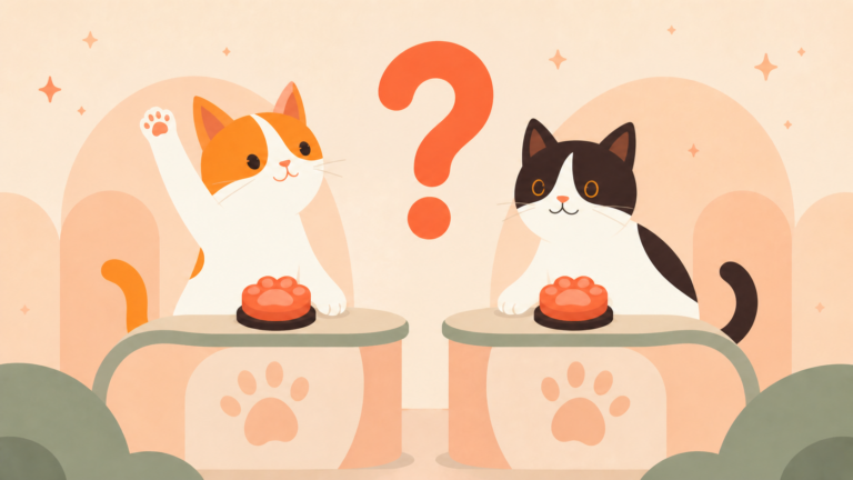 Illustration of Thelma raising a paw and Louis at paw-shaped buzzers during a cat quiz