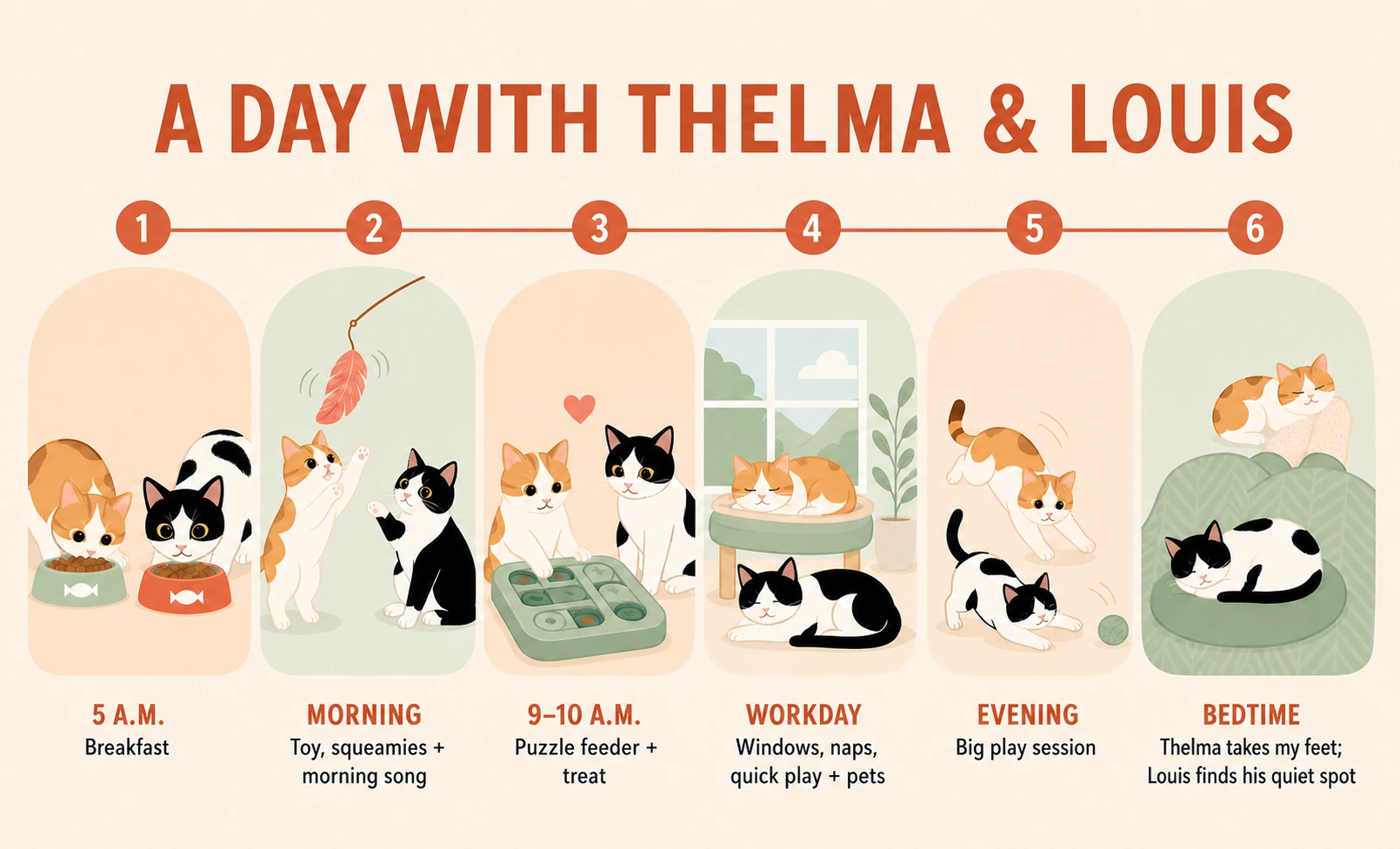 Illustrated timeline of Thelma and Louis's day: breakfast, morning play, puzzle feeding, windows and naps, evening play, and bedtime
