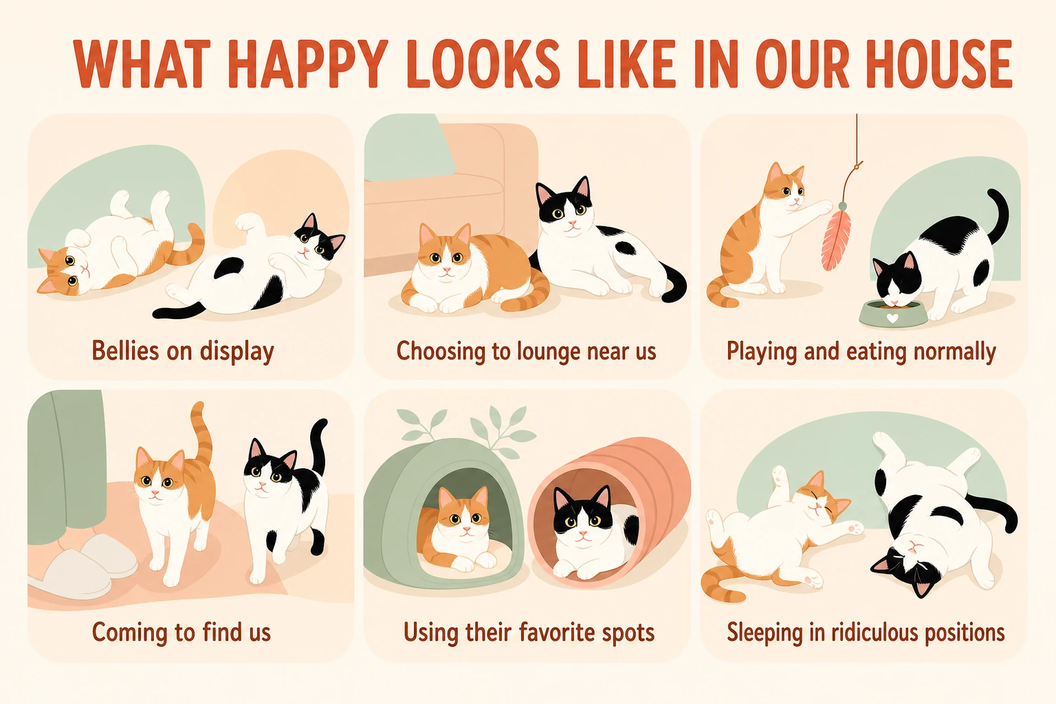Illustrated signs Thelma and Louis are happy, including showing their bellies, lounging nearby, playing, eating, seeking attention, and relaxing