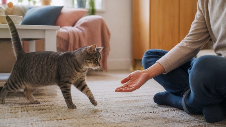A gray tabby cat approaching the relaxed hand of a person seated on the floor