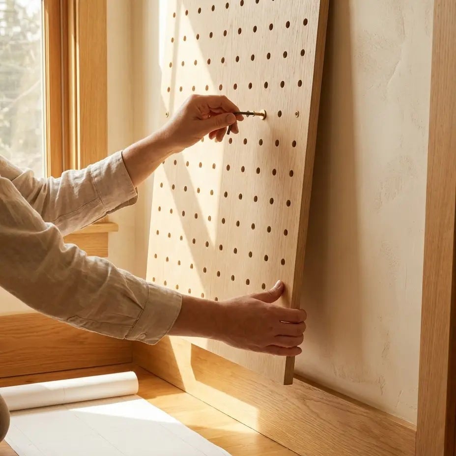A person securing the wooden Cat Pegboard panel to a wall