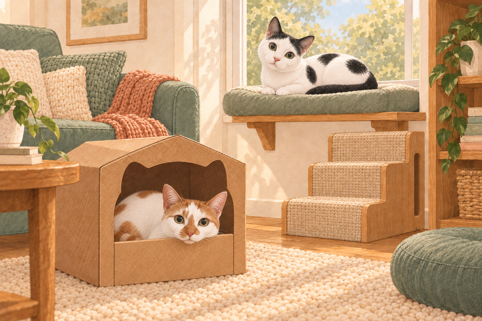 Illustration of Thelma resting her chin on a cardboard hideaway and Louis tilting his head on a window perch.